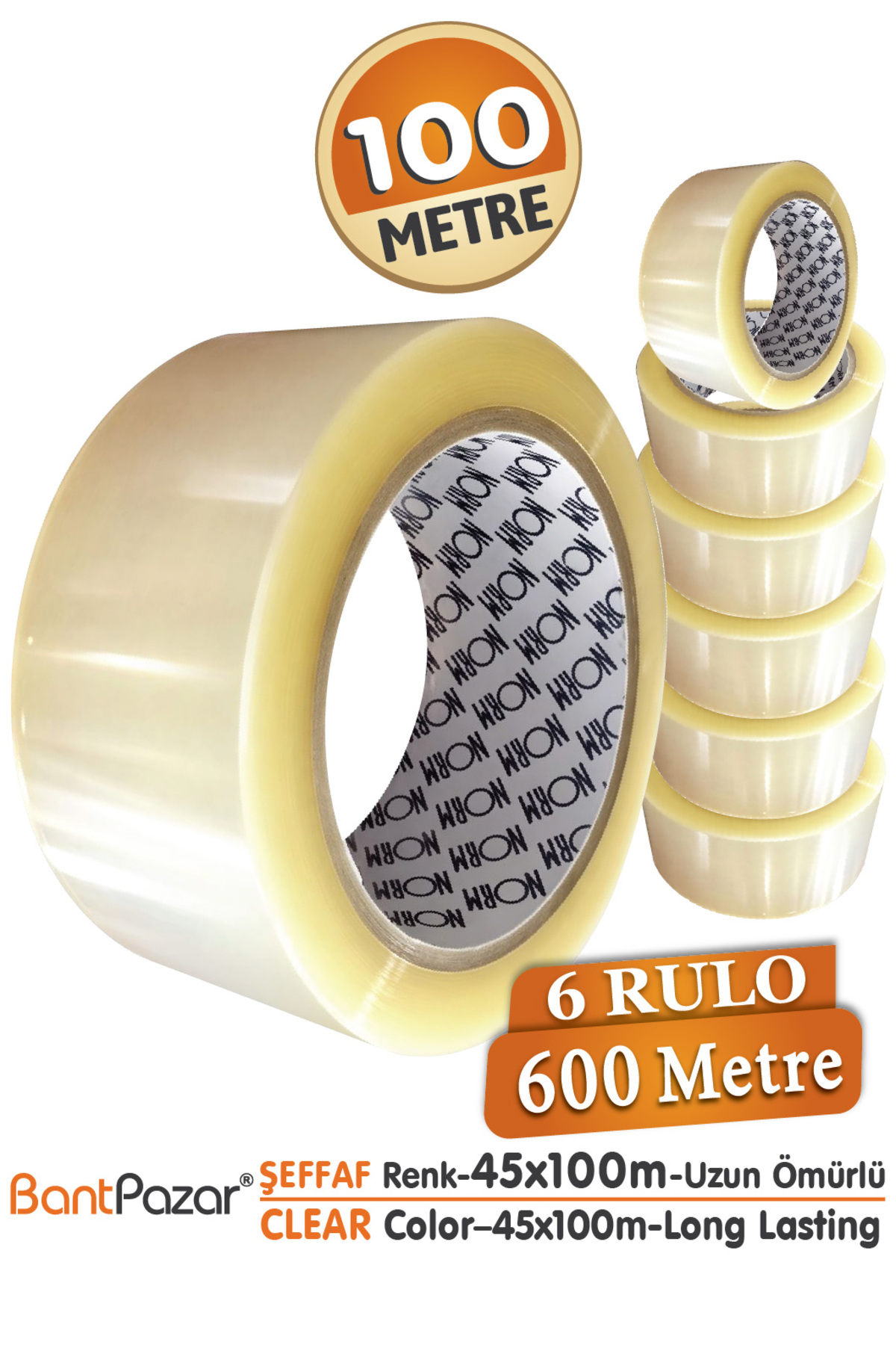 45 mm x 100 m şeffaf hotmelt koli bandı 6'lı paket