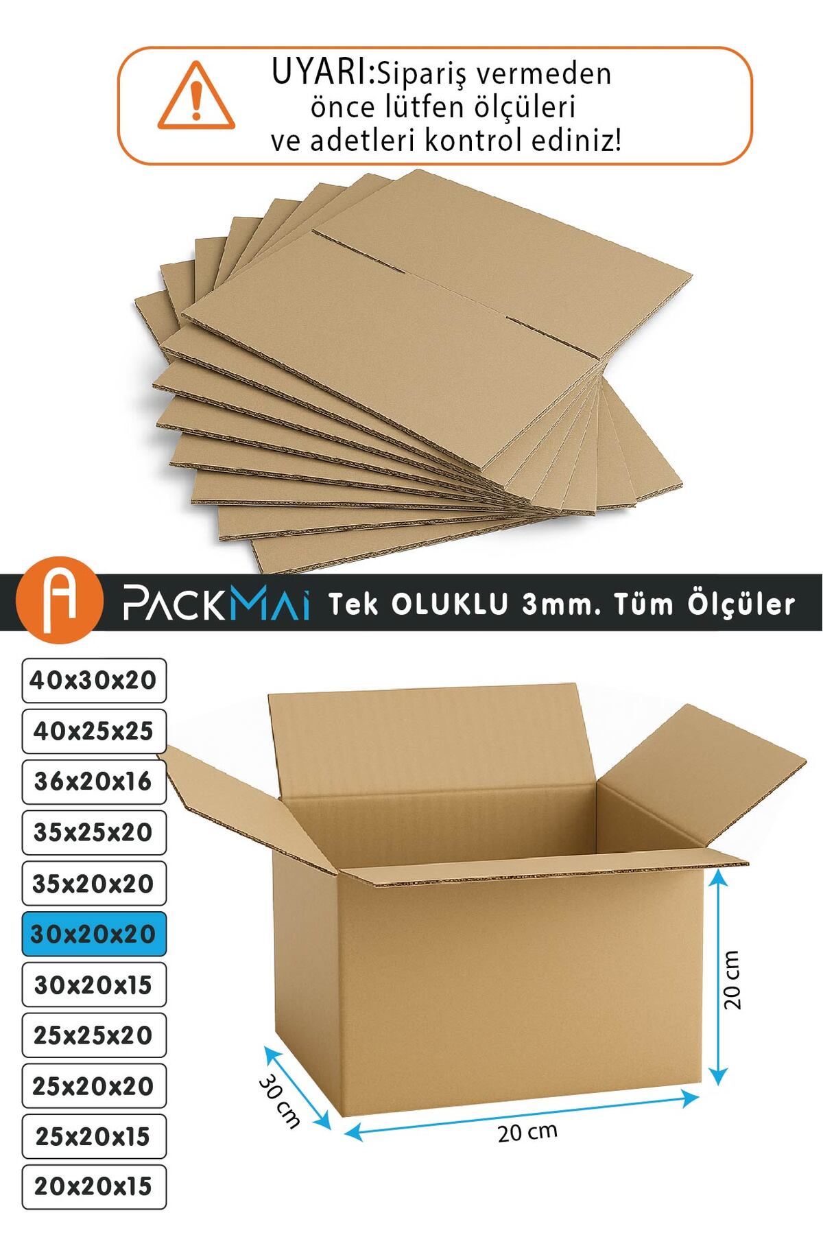 30x20x20 cm karton koli ölçü detayı