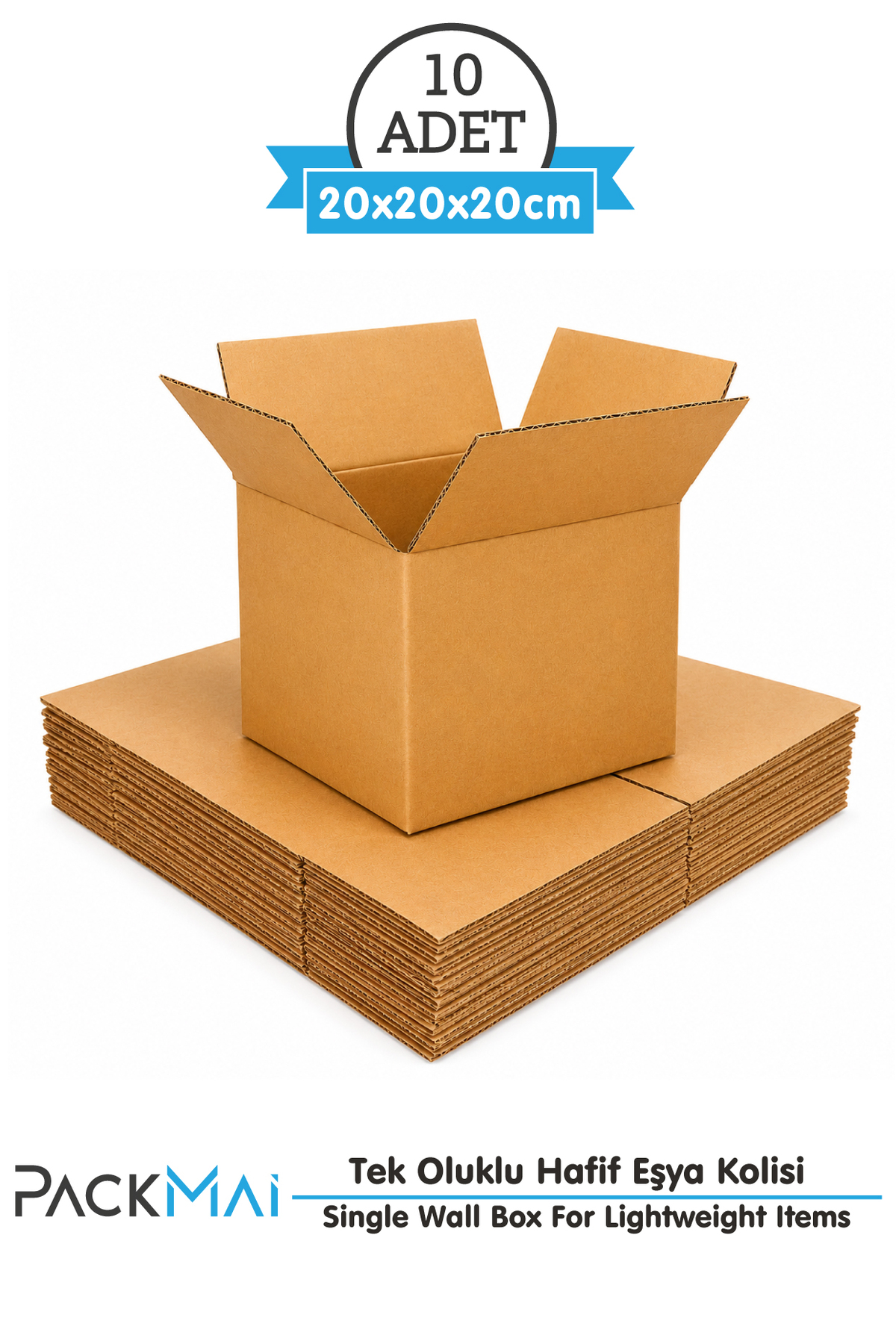 20x20x20 cm tek oluklu 4 mm kraft karton koli, 10'lu paket