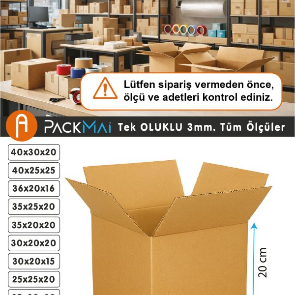 20x20x20 cm kraft karton koli ölçü detayı
