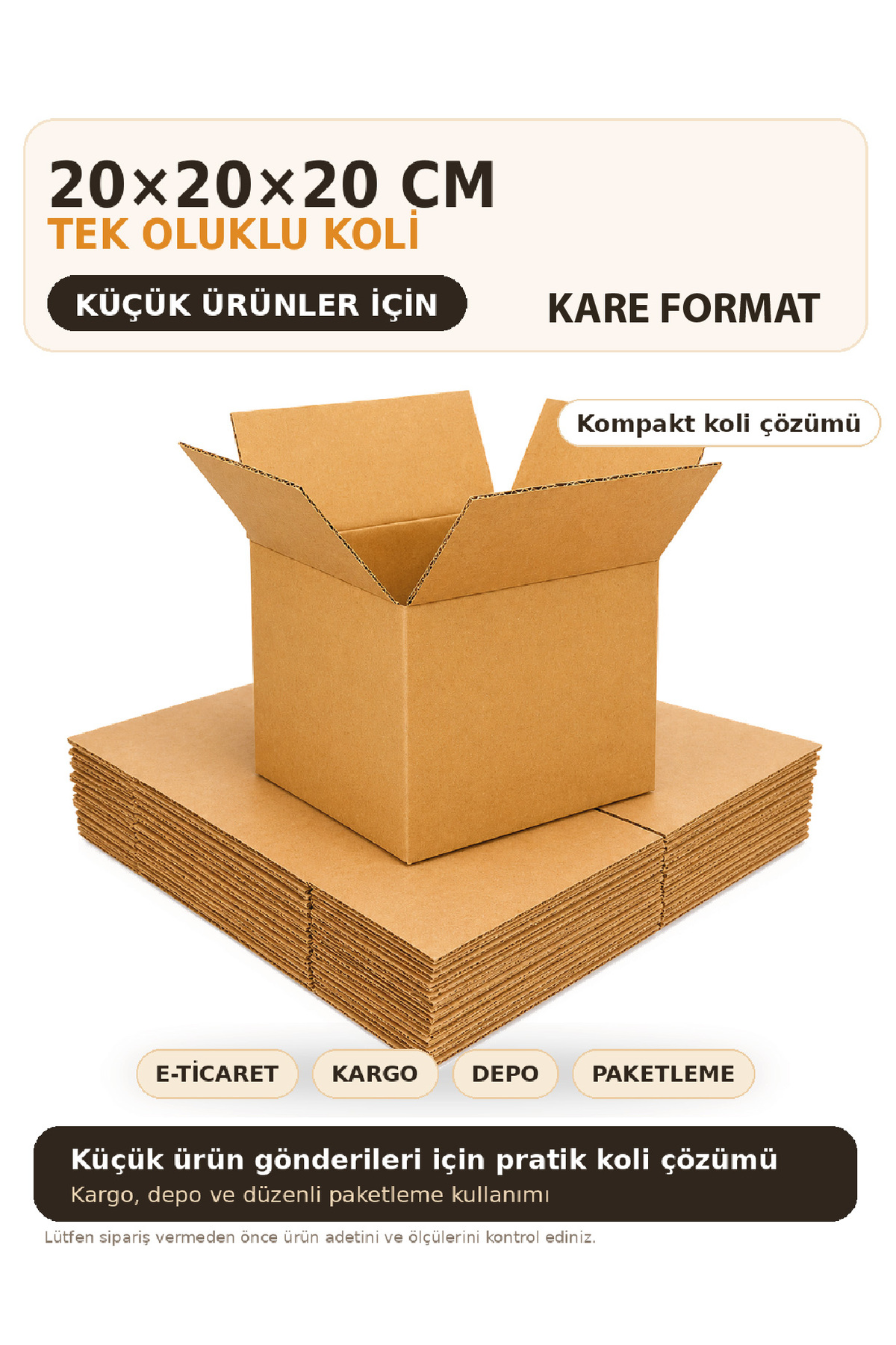 E-ticaret kargo gönderimi için 20x20x20 cm kraft koli